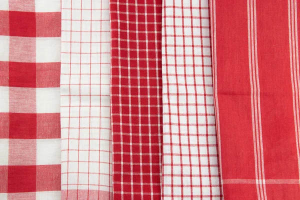 Set of 5 red and white checkered and striped napkins. Kitchen accessories.