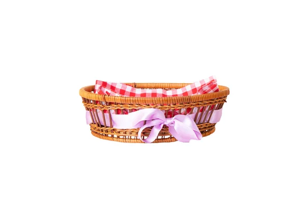 Empty Basket Purple Ribbon Therein Red Checkered Napkin Isolated White — Stock Photo, Image