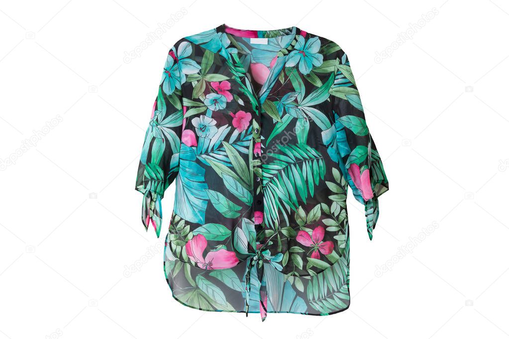 Summer fashion blouse. Female green florale summer blouse isolated on white.