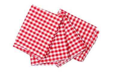 Dört kırmızı ve beyaz kareli peçeteleri kümesi. Mutfak aksesuarları