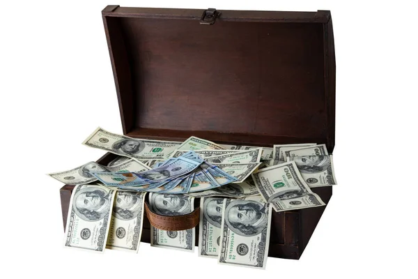 白い背景の木製ボックス 100 ドル紙幣の完全分離します テキスト表示モンタージュのためのスペース お金と利益の概念 — ストック写真