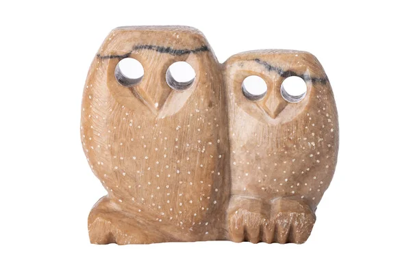 Owls Isolated Two Owls Handmade Soapstone Holes Eyes Isolated White — Stock Photo, Image