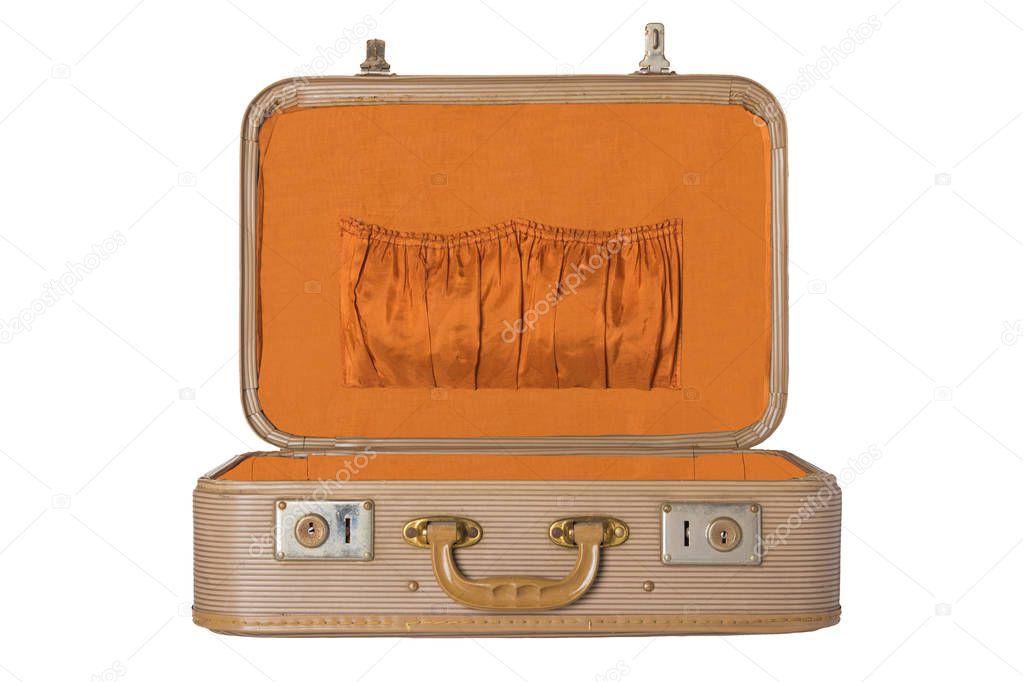Old vintage suitcase on a white background isolated. Concept travel.