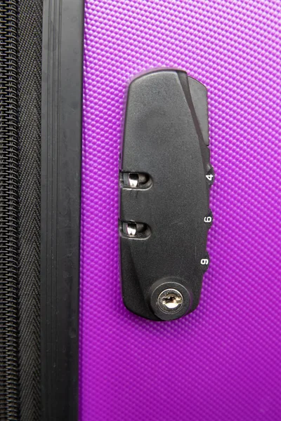 Vista Superior Combinación Maleta Bloqueo Maleta Púrpura Concepto Seguridad Seguro — Foto de Stock