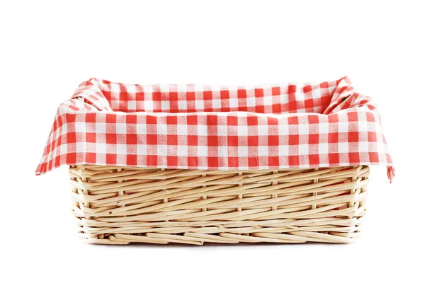 Empty Straw Basket Checkered Red Linen Isolated — Stock Photo, Image