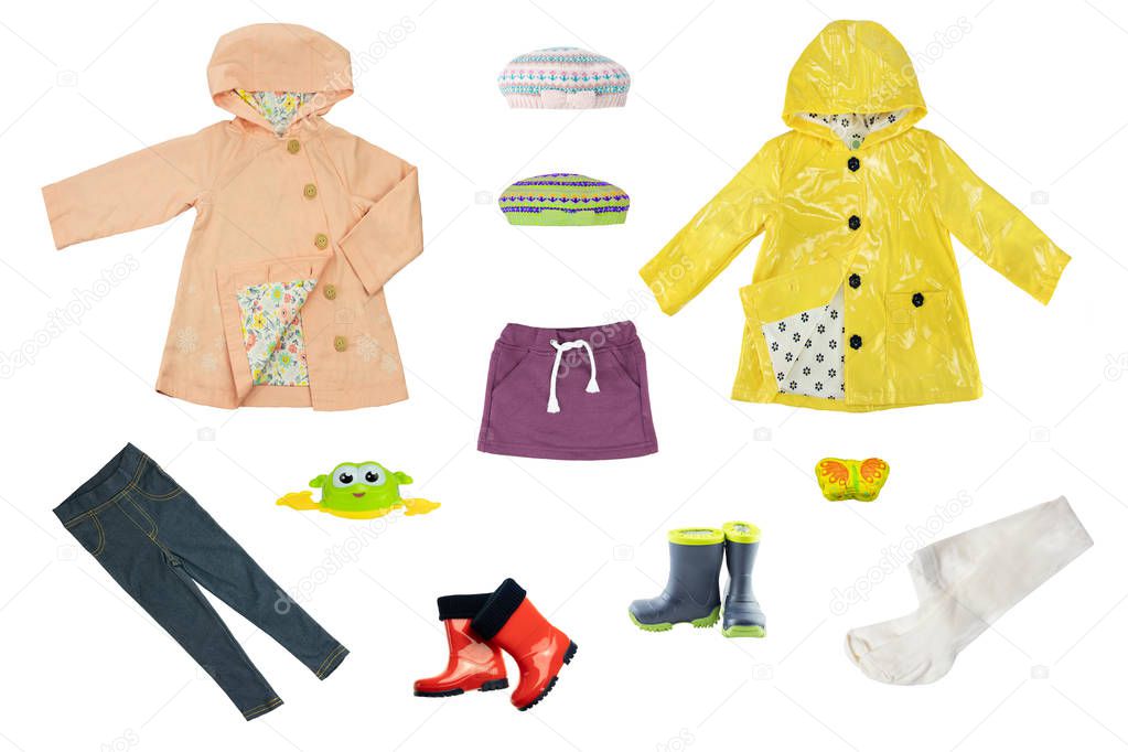 Collage set of children clothes. Collection of spring and autumn clothes isolated on a white background. Close up.