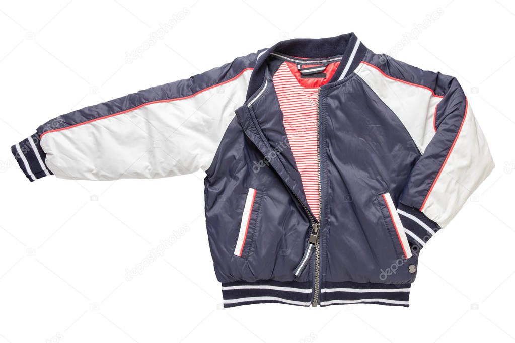 Childrens autumn or winter jacket.Stylish childrens blue and white warm down jacket isolated on a white background.
