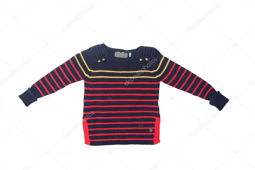 Autumn and winter children clothes. A red black striped cozy warm sweater or pullover isolated on a white background. Autumn fashion.
