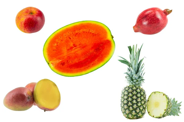 Gyümölcs Gyűjtemény Trópusi Gyümölcsöket Egy Apple Elszigetelt Fehér Background Halmaza — Stock Fotó