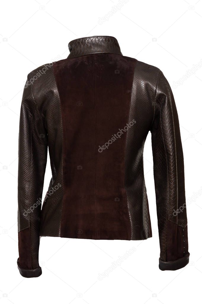 Leather jacket. Woman elegant brown leather jacket isolated on a white background. Women fashion.