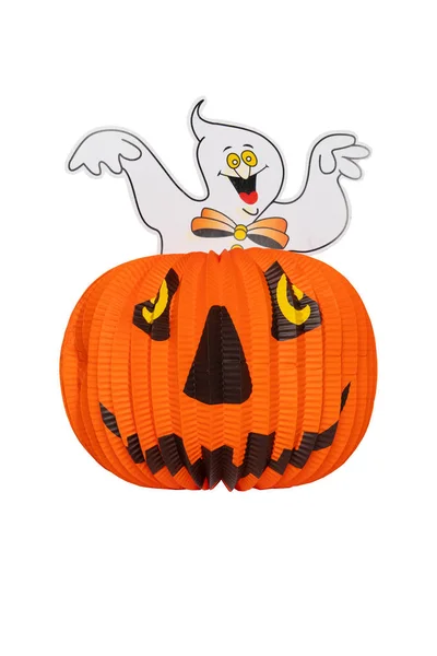 Halloween Hintergrund Halloween Kürbislaterne Mit Einem Geist Darauf Isoliert Auf — Stockfoto
