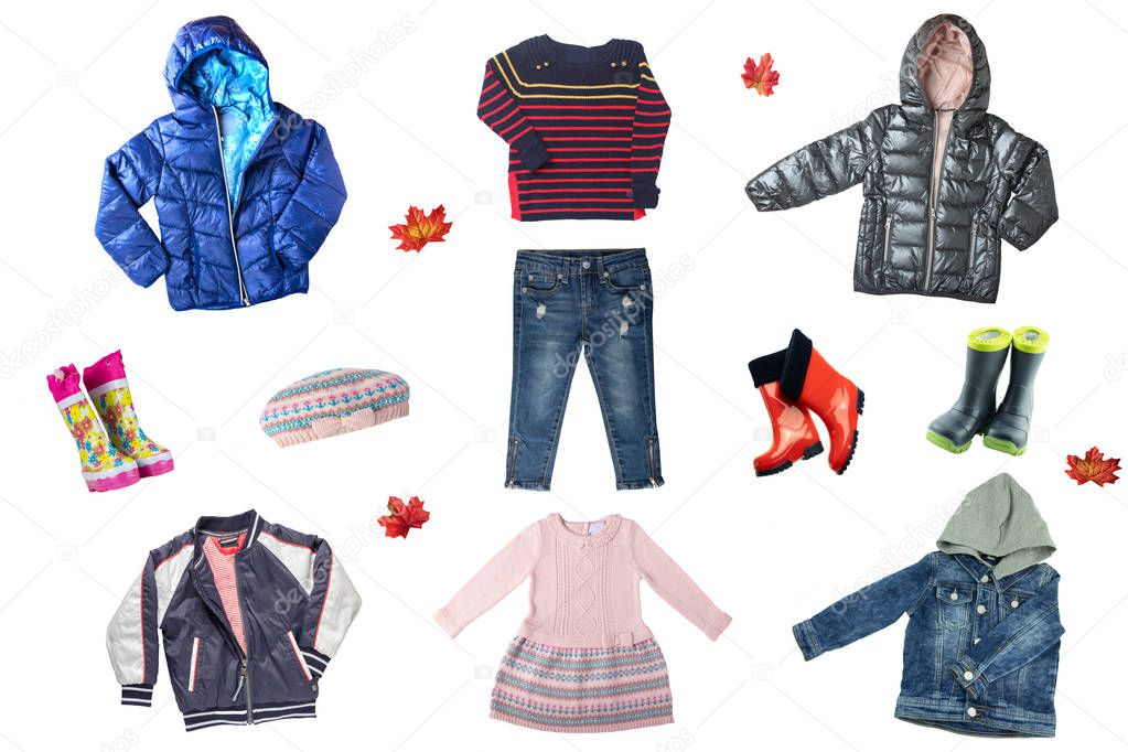 Child clothes isolated. Collage set of children clothes isolated on a white background. Concept autumn or winter fashion for children.