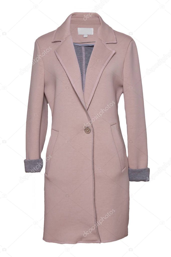 Woman coat isolated. Stylish womens pink coat isolated on a white background. Spring and autumn fashion.