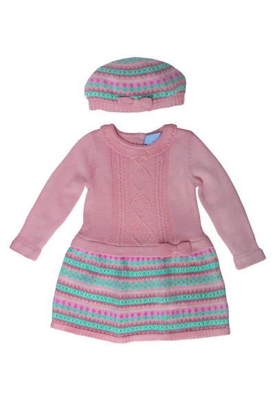 Одежда Детей Красивое Розовое Яркое Платье Шляпа Цветным Узором Белом — стоковое фото