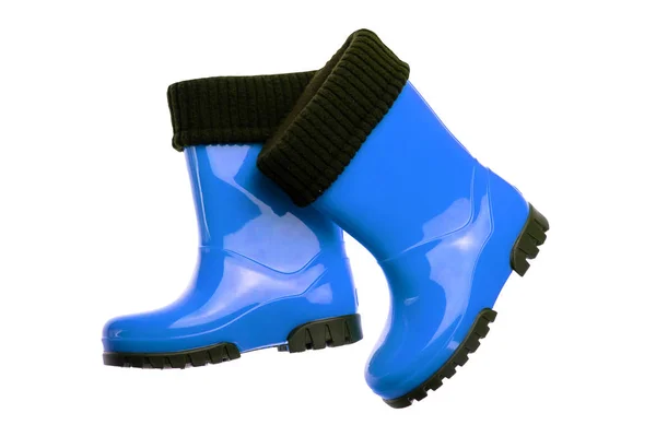Dzieci Buty Buty Zbliżenie Niebieski Para Gumowych Butów Białym Tle — Zdjęcie stockowe
