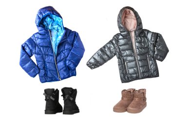 Çocuk kış ceket ve çizmeler. Bir kolaj çocuk mavi ayarla ve izole üzerinde beyaz arka plan siyah ceket ve eşleşen bir kış sıcak önyükleme yapar. Çocukların kış modası.