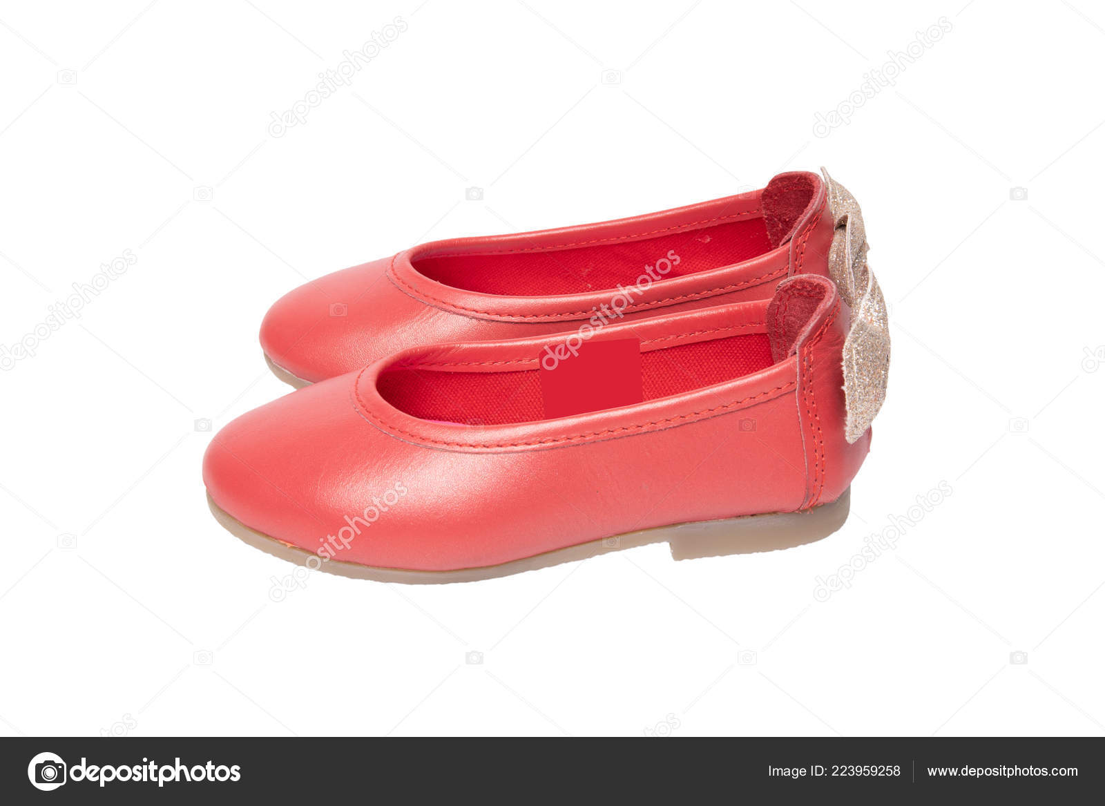 Red Shoes Closeup Red Girls Shoes Golden Bow Isolated White