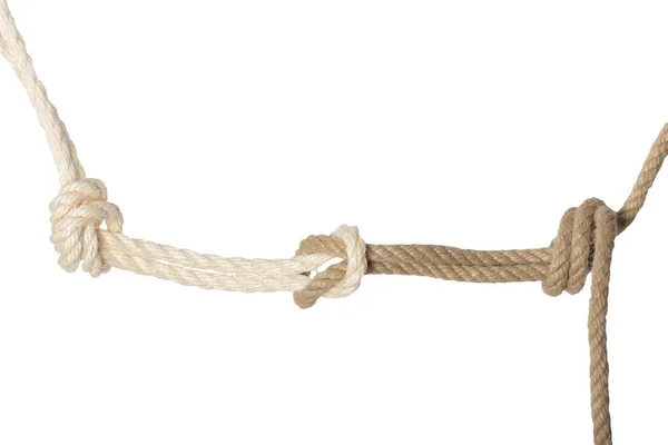 ノードまたは白地に分離した白と茶色のロープから結び目のクローズ アップ 海軍と釣り人の結び目 — ストック写真