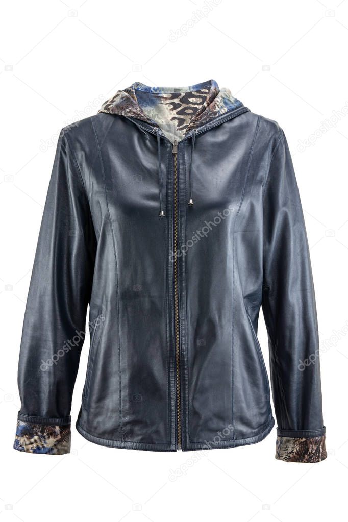 Leather jacket. Stylish elegant and luxurious female blue woman leather jacket isolated on a white background. Women fashion.