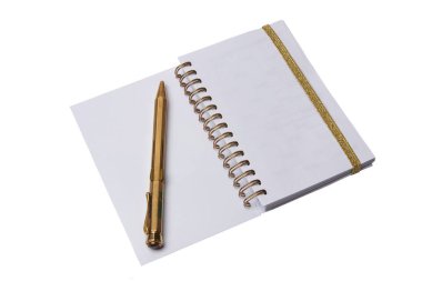 Defter ve kalem. Boş sayfaları ve beyaz arka planda izole edilmiş antik altın renkli bir kalemi olan açık bir defter..