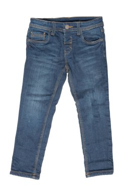 Şık Thermojeans kaplı. Beyaz zemin üzerine mavi kot pantolon izole trendy sıcak streç. Moda kot çocuk çocuk için. Kış kot modası.