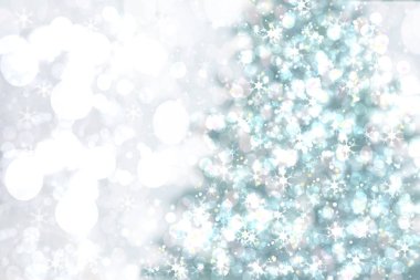 Noel ağacı bokeh arka plan. Soyut şenlikli kış xmas zemin doku parlak gümüş ve beyaz bokeh kar ışıkları ile bulanık. Alanı. Kart kavramı.