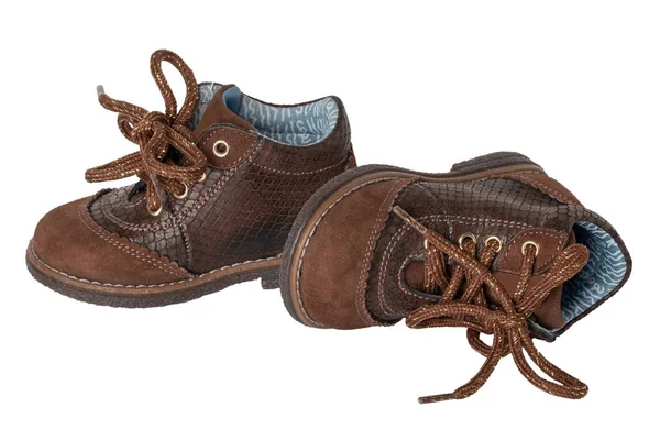 Детская Мода Обуви Пара Элегантных Коричневых Кожаных Туфель Шнурками Маленьких — стоковое фото