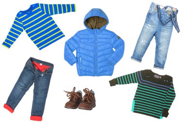 Çocuk giyim izole. Çocuk giysileri kümesi kolaj izole beyaz bir arka plan üzerinde. Kavram ilkbahar sonbahar ve kış moda çocuklar için.