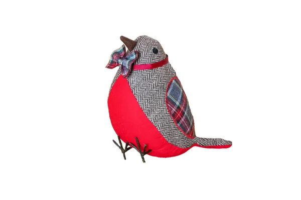 Vánoční Dekorace Pozadí Červené Vánoční Tkaniny Pták Nese Barevný Motýlek — Stock fotografie