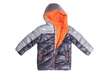 İzole kış ceket. Şık siyah beyaz bir arka plan üzerinde izole çocuklar için turuncu astar ile ceket aşağı sıcak. Çocuk Giyim Kış için.