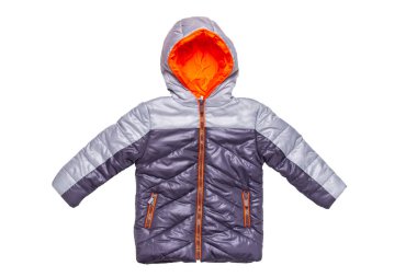 İzole kış ceket. Şık siyah beyaz bir arka plan üzerinde izole çocuklar için turuncu astar ile ceket aşağı sıcak. Çocuk Giyim Kış için.