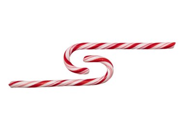 Geleneksel Noel çizgili baston şekerler beyaz arka planda izole edilmiş. Üst görünüm.