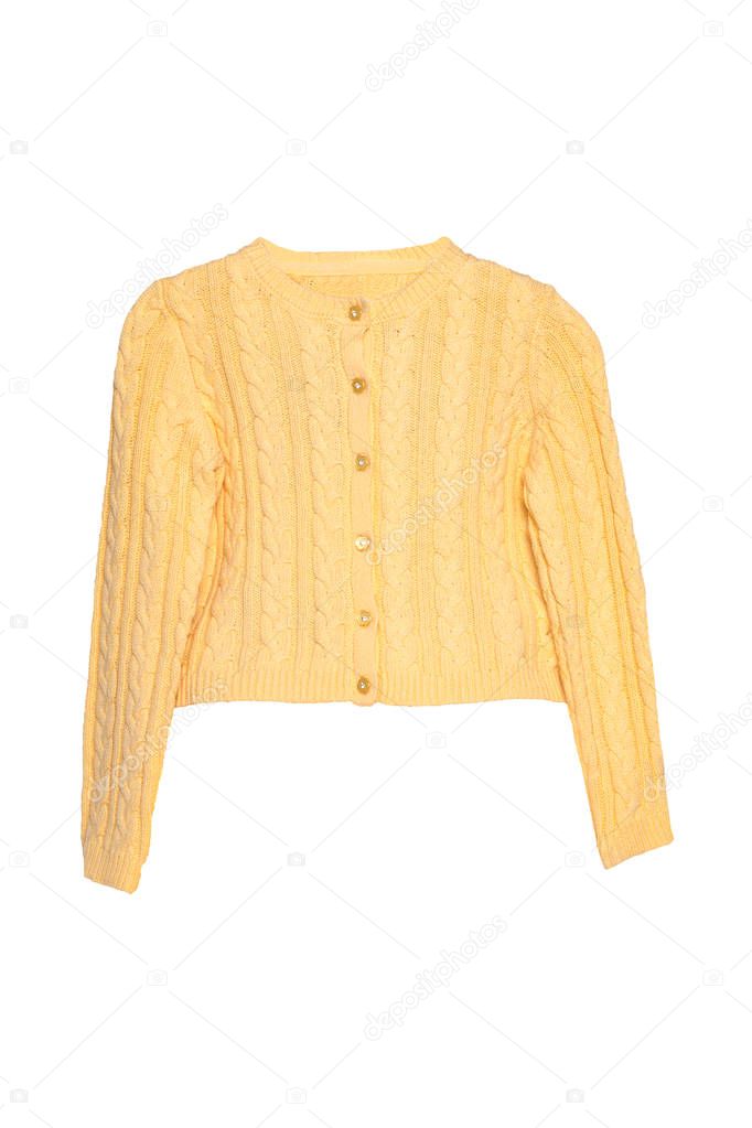 Girls clothes. Festive beautiful yellow little girl sweater or knitted cardigan isolated on a white background. Children and kids fashion.