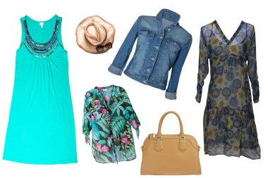 Kolaj işgal kadın. Şık ve trendy Bayan elbise, bluz ve beyaz bir arka plan üzerinde izole aksesuarları kümesi. Son moda trendleri.