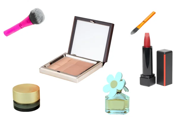 Produktów Kosmetycznych Kolaż Zestaw Lub Zbiór Produkty Kosmetyczne Białym Tle — Zdjęcie stockowe