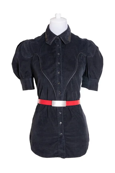 Spring and autumn fashion blouse. A elegant female black spring blouse with a red belt isolated on a white background. Women fashion.