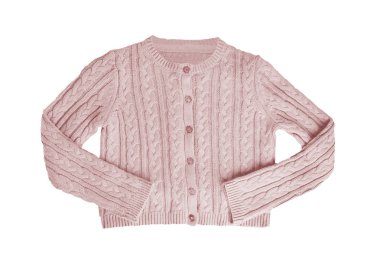 Kız kıyafetleri. Güzel pembe kız süveteri ya da beyaz arka planda izole edilmiş örülmüş hırka. Çocuklar ve çocuklar moda..
