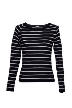 Siyah ve beyaz beyaz arka plan üzerinde izole kadın giyim. Siyah ve beyaz çizgili bayanlar gömlek deniz tarzı. Yaz Modası.