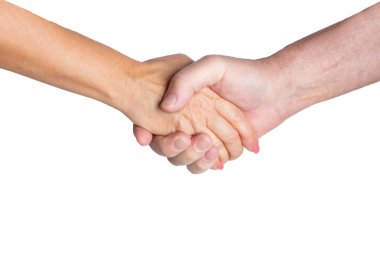 İş başarısı kavramı. Beyaz bir arka plan üzerinde izole iki iş ortağı bir el sıkışma. Erkek ve kadının el sıkışması.