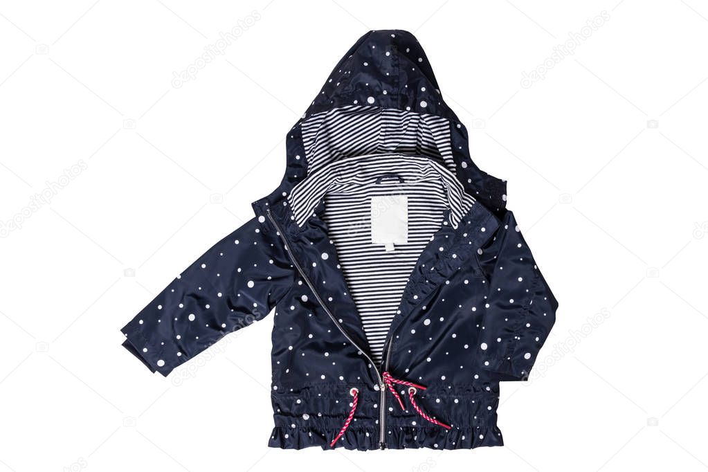 Kids jacket isolated. A stylish fashionable dark blue jacket with white dots and blue white striped lining for the little girl. A rain coat and windbreaker with hood for spring and autumn.