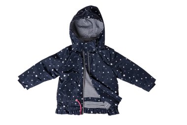 Çocuklar ceket izole. Şık şık koyu mavi bir ceket ve beyaz noktalar ve küçük kız için astar mavi beyaz çizgili. Bir yağmur ceket ve rüzgarlık mahalle ilkbahar ve sonbahar için ile.