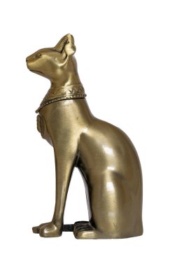 Mısır kedi dekorasyon arka plan. Beyaz bir arka plan üzerinde izole bir mitolojik Mısır kedi heykelciği.