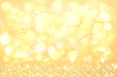Ufuk ışık ile soyut şenlikli altın bokeh arka plan. Noel ışıkları, bulanık ışıklar, pırıltılı glitter. Güzel doku.