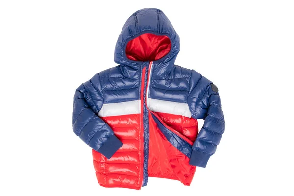 Winterjacke Isoliert Eine Stylische Blau Rote Warme Daunenjacke Mit Rotem — Stockfoto