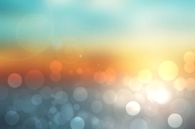 Soyut günbatımı illüstrasyon. Soyut akşam ya da turuncu ve pastel renkli bokeh ışıkları ve mavi gökyüzü günbatımı ruh arka plan doku. Güzel gün batımı.