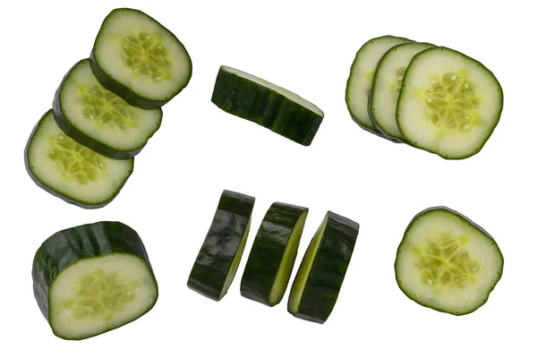 Pepino Isolado Coleção Conjunto Fatias Frescas Pepino Isolado Fundo Branco — Fotografia de Stock