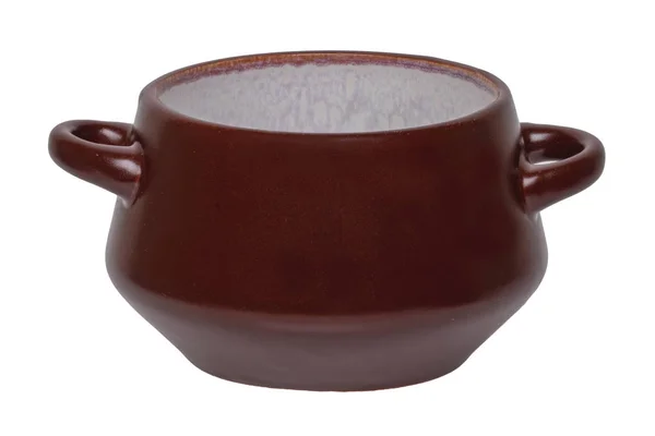 Taza de sopa vacía aislada. Primer plano de una sopa de cerámica marrón vacía — Foto de Stock