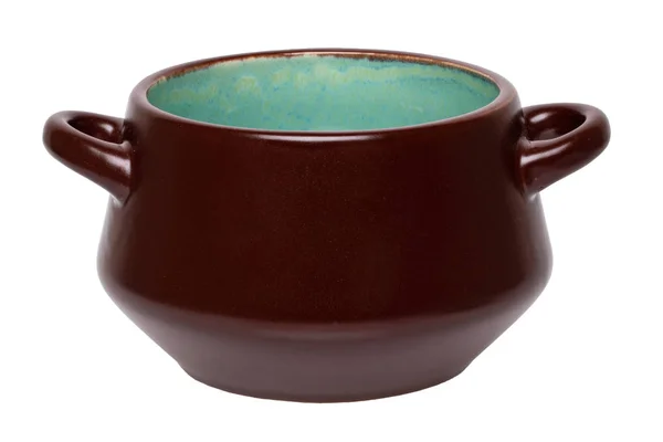 Taza de sopa vacía aislada. Primer plano de una sopa de cerámica marrón vacía — Foto de Stock