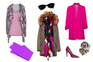  ceket ve beyaz bir arka plan üzerinde izole aksesuarları. Son moda trendleri. Kolaj işgal kadın. Şık ve trendy bayan elbise kümesi, 
