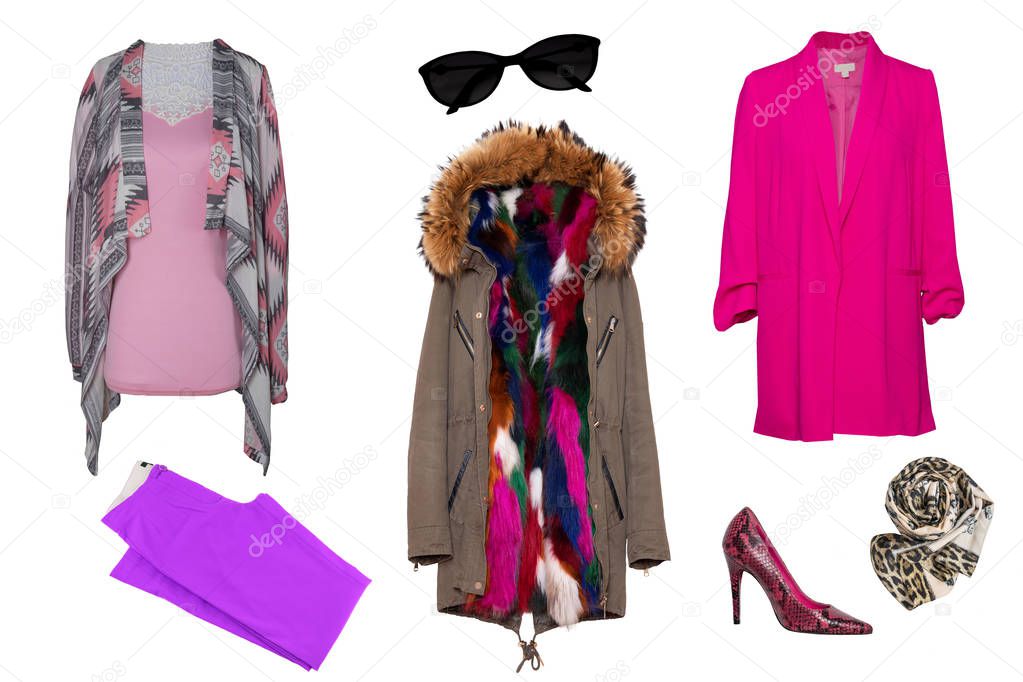 coat and accessories isolated on a white background. Latest fashion trends.Collage woman clothes. Set of stylish and trendy women dresses, 